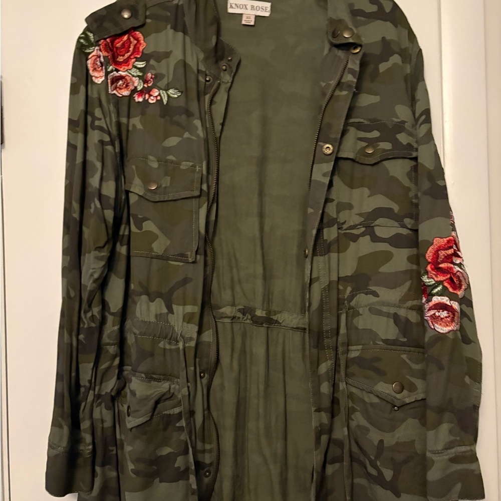 Knox Rose Green Camo Jacket with Floral Embroidery